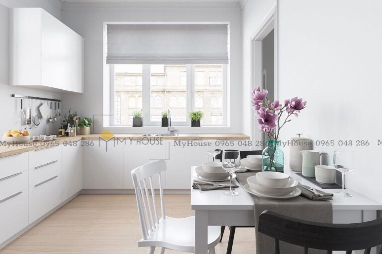 Phòng bếp của khách tại chung cư Hera được thiết kế đơn giản với tông màu trắng đầy sự tiện nghi